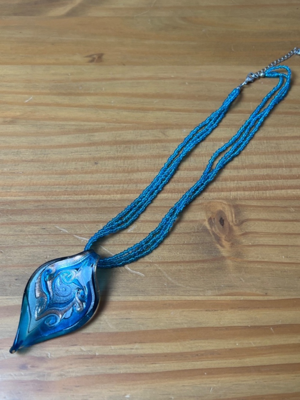 Silver Blue Gold Multicolor Murano Glass Pendant Statement Bead Necklace 20”